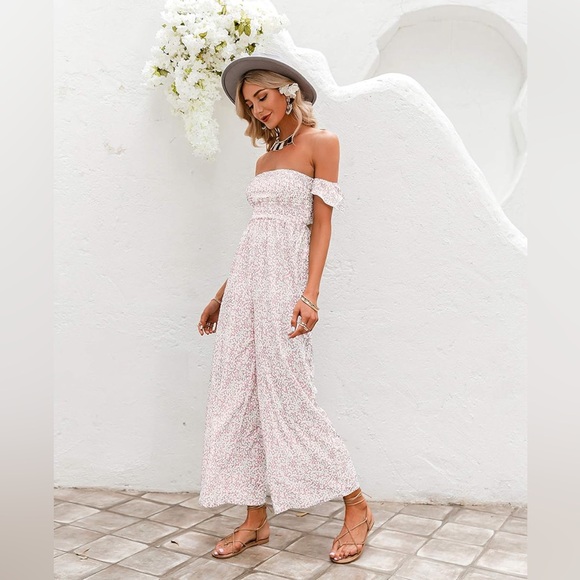 Off Shoulder Floral Print Romper Jumpsuit in Dusty Pink - Picture 3 of 9